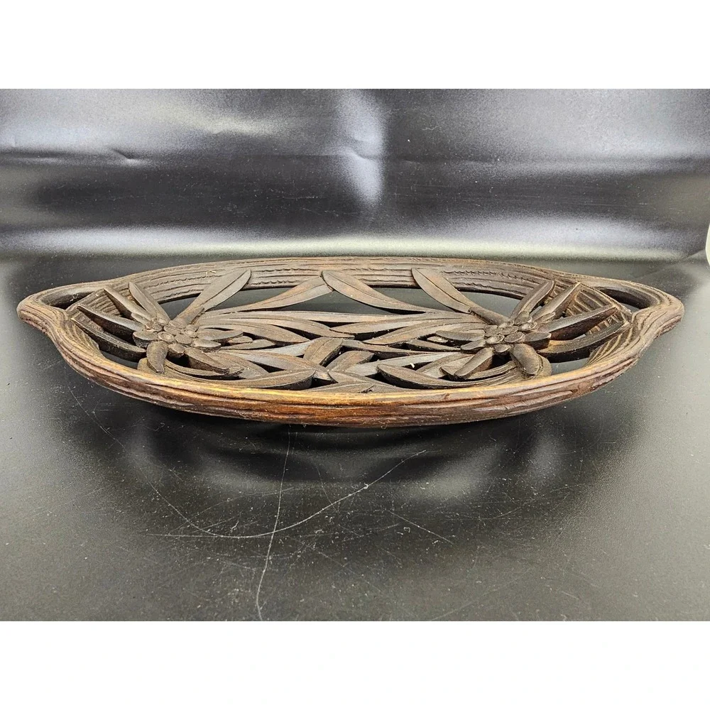 Fruit Basket 11x7x1.5 Excellent Antique 1930s Black Forest Wood Carved Edelweiss